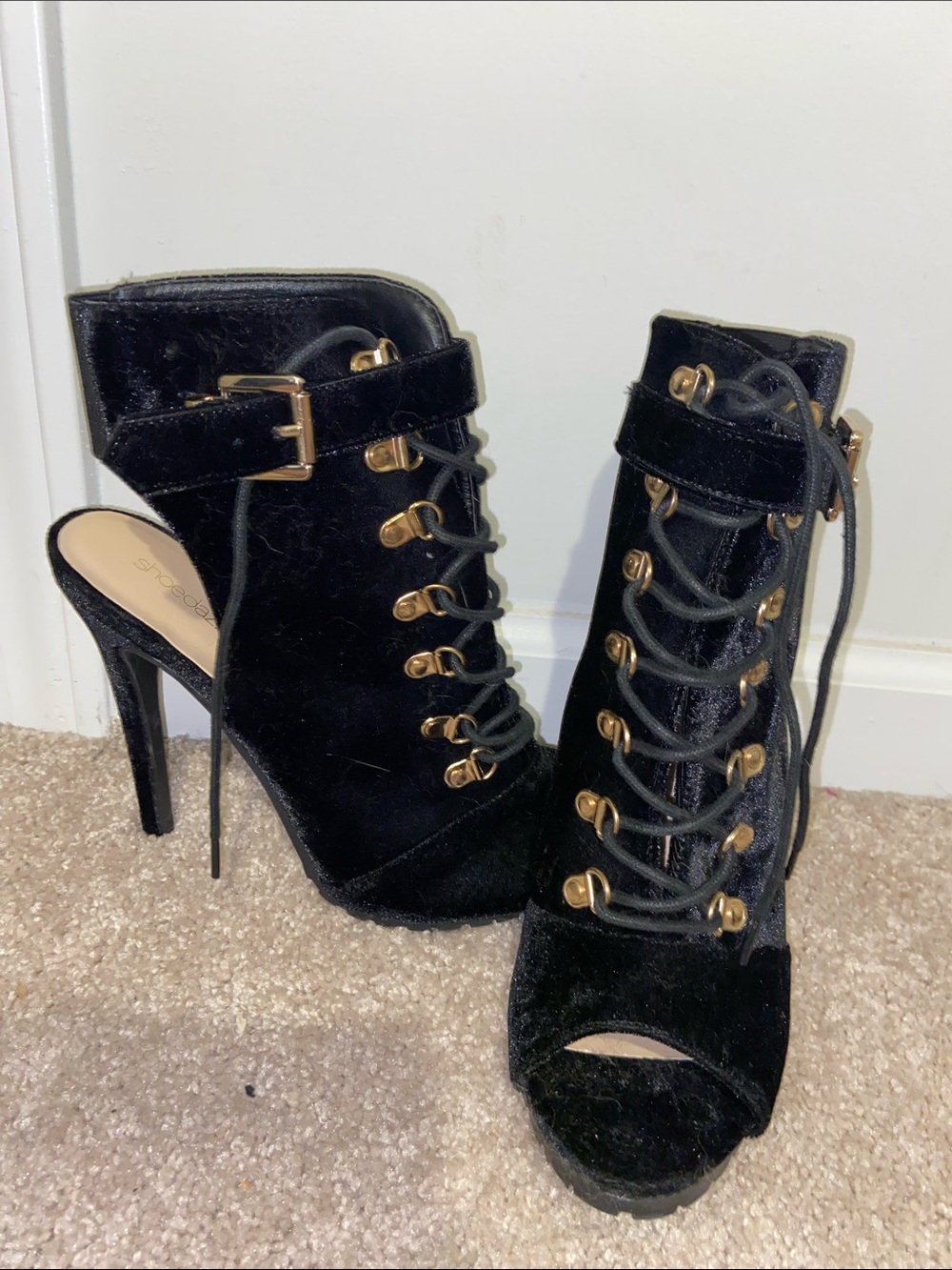 Shoe Dazzle Black Velvet Lace-Up Peep Toe Stiletto Booties with Gold Eyelets